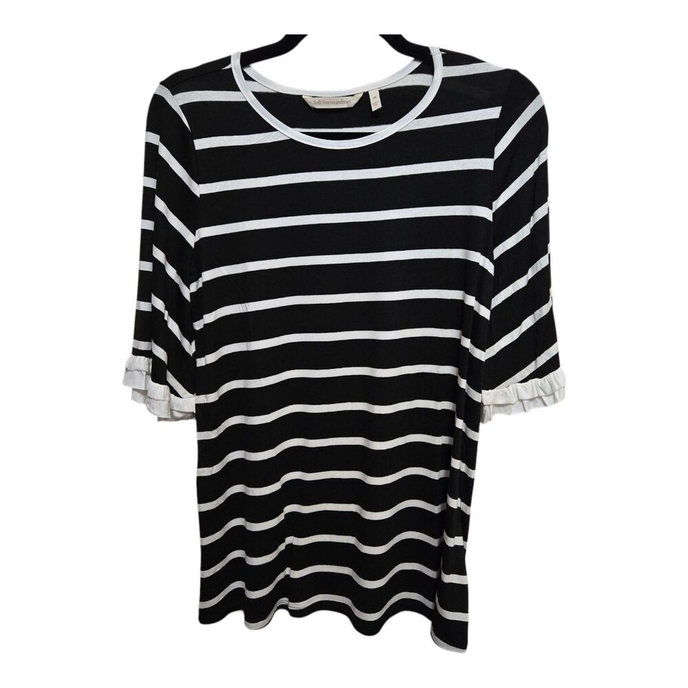 Soft Surroundings Top Size XS Black White Striped Ruffled Sleeves Preppy NEW